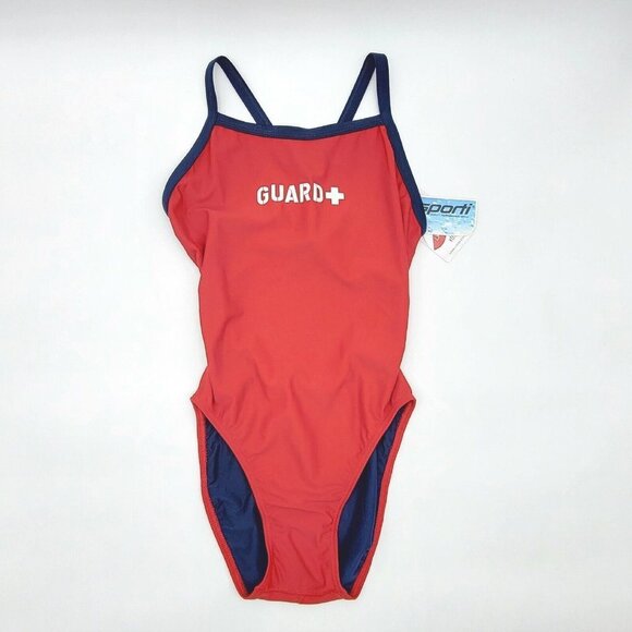Sporti Guard Piped Thin Strap One Piece Swimsuit Womens Size 28 Red Navy - Picture 1 of 14